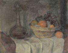 GEORGE WEISSBORT (1928 - 2013). Still Life. A port decanter and a basket of fruit on a white
