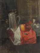GEORGE WEISSBORT (1928 - 2013). Still Life. A pewter mug, apple and grapes. Unframed, board. 18