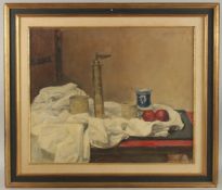 GEORGE WEISSBORT (1928 - 2013). Still Life. A pepper mill, jars, jug and fruit on a white cloth.
