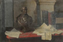 GEORGE WEISSBORT (1928 - 2013). A bust of a man, books and newspapers. Oil on board, unframed. 16