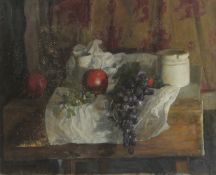 GEORGE WEISSBORT (1928 - 2013). Still Life. A jug, a pot, apples and grapes. Unframed, board. 15