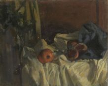 GEORGE WEISSBORT (1928 - 2013). Still Life. Pomegranates on a blue and white cloth. Unframed, board.