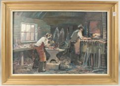 20TH CENTURY ENGLISH SCHOOL. The Blacksmith's Forge with two men at work, oil on canvas. 20