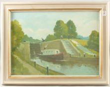 H. LEWIS. Canal scene at a lock, with boat and figures, oil on board. Monogrammed. 16