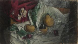 GEORGE WEISSBORT (1928 - 2013). Apples and Pears with checked cloth. Unframed, canvas on board.