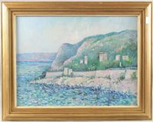 20TH CENTURY FRENCH SCHOOL. Coastal scene in blue, with houses and hills, oil on canvas. 18