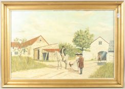 MICHAEL WOOD. Been hunting, a man on a grey horse, figures and house to the right. Signed, oil on
