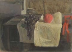 GEORGE WEISSBORT (1928 - 2013). Still Life. Grapes and a peach on a shelf. Unframed, board. 15