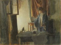 GEORGE WEISSBORT (1928 - 2013). Interior, a woman feeding a bird. Unframed, canvas on board. 18