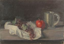 GEORGE WEISSBORT (1928 - 2013). Still Life. A silver mug, tomatoes and grapes on a white cloth.