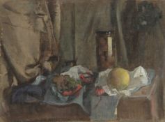 GEORGE WEISSBORT (1928 - 2013). Still Life. A jar of fruit, apple and grapes. Unframed, canvas on
