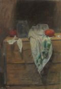 GEORGE WEISSBORT (1928 - 2013). Still Life. Tomatoes, a jar and a cloth on a box. Unframed, canvas