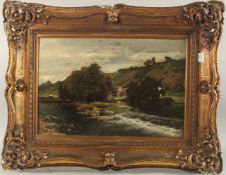 JOSEPH QUINEAUX (1822 - 1895) BELGIAN. River over rapids, a fern amidst the trees, oil on panel.