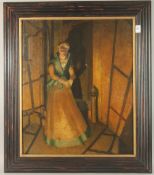 19TH CENTURY ENGLISH SCHOOL. Full length portrait of a lady at the top of the stairs, oil on