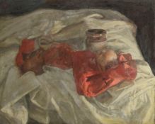 GEORGE WEISSBORT (1928 - 2013). Still Life. A jar and fruit on a white cloth. Unframed, board. 13