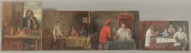 GEORGE WEISSBORT (1928 - 2013). Four small oil studies with figures. Unframed panels. 10.5