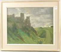 20TH CENTURY ENGLISH SCHOOL. A ruined castle on a hilltop at dusk, oil on board. 16
