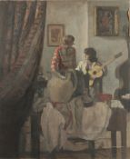 GEORGE WEISSBORT (1928 - 2013). Interior. Two figures, one playing a guitar. Unframed, canvas on