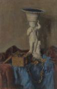 GEORGE WEISSBORT (1928 - 2013). Still Life. A porcelain comport figure on a blue cloth. Signed and