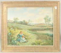 MARK JAMES. Children picking flowers in the field, beside a pond, house in the distance, oil on