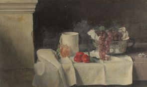 GEORGE WEISSBORT (1928 - 2013). Still Life. A mug, a bowl of grapes and a rose on a white cloth.