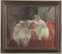 GEORGE WEISSBORT (1928 - 2013). Still Life. A silver chalice, tomato and book on a shawl. Signed and