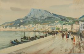20th Century European School. A Mediterranean harbour scene with moored boats and figures,