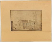 18TH CENTURY ENGLISH SCHOOL. Figures outside a church, watercolour. Unframed 7