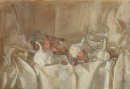 GEORGE WEISSBORT (1928 - 2013). Garlic and other fruit on a white cloth. Watercolour, unframed. 7.5