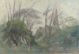 GEORGE WEISSBORT (1928 - 2013). A church through the trees. Unframed, board. 19