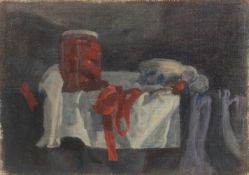 GEORGE WEISSBORT (1928 - 2013). Still Life. A pickle jar and sauce boat on a white cloth.