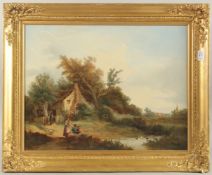 19TH CENTURY ENGLISH SCHOOL. A family before a cottage, ducks on the pond, church in the distance.