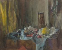 GEORGE WEISSBORT (1928 - 2013). Still Life. A jar of fruit, apple and grapes. Unframed. canvas on