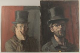 GEORGE WEISSBORT (1928 - 2013). Two portraits of the artist wearing a bowler hat. Unframed, canvas