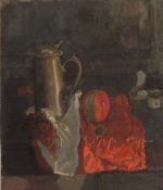 GEORGE WEISSBORT (1928 - 2013). Still Life. A pewter tankard, a peach and grapes on cloths.