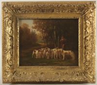19TH CENTURY ENGLISH SCHOOL. A pack of hounds with master in a woodland landscape, oil on canvas.
