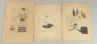 Circle of George Wolfe Plank, an ink drawing of an elegant female figure with two peacocks, image