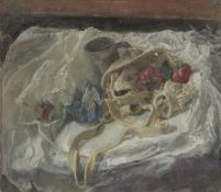 GEORGE WEISSBORT (1928 - 2013). Still Life. A tankard and tomatoes on a white cloth. Unframed,