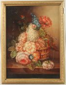 DUTCH SCHOOL. A basket of flowers on a ledge, oil on panel. 16