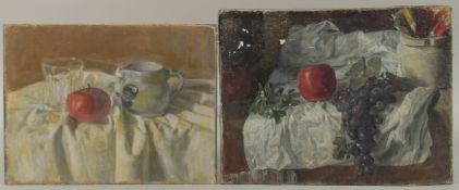 GEORGE WEISSBORT (1928 - 2013). Still Life. An apple, mistletoe, grapes and a jar on a white