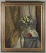 GEORGE WEISSBORT (1928 - 2013). Still Life. A vase of roses, book and apple on a cloth. Framed.