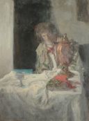 GEORGE WEISSBORT (1928 - 2013). Interior, a lady with a samovar. Unframed, board. 29