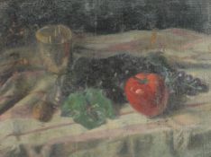 GEORGE WEISSBORT (1928 - 2013). Still Life. A silver goblet, grapes and fruit on a cloth.