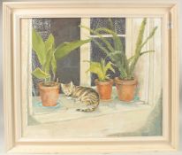 BRIAN WILSON (20TH CENTURY). A cat resting amongst flowerpots on a windowsill, oil on canvas.
