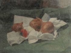 GEORGE WEISSBORT (1928 - 2013). Still Life. Onions and tomato on a white cloth. Unframed, board. 12