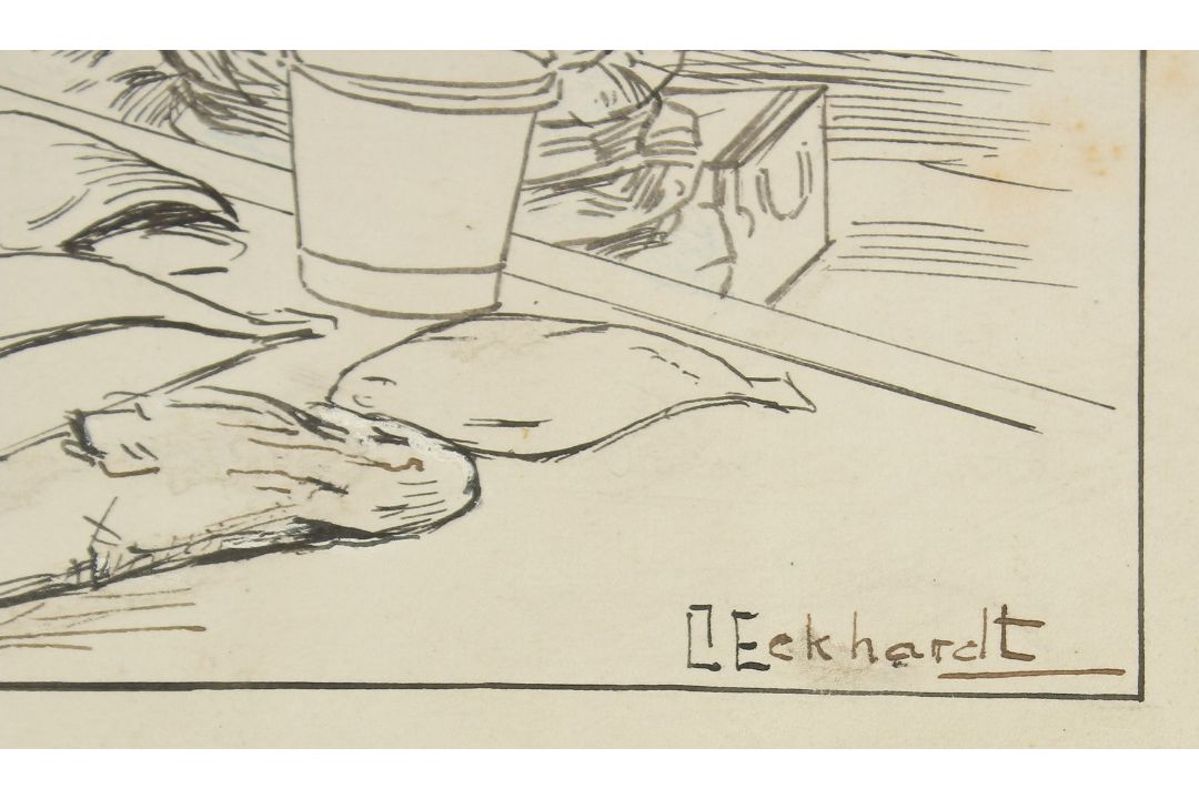 C Eckhardt (19th-20th Century) European. "Billingsgate Fish Market", Ink, Signed and inscribed, - Image 2 of 2