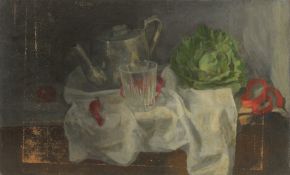GEORGE WEISSBORT (1928 - 2013). Still Life. A teapot, glass and cabbage on a white cloth.