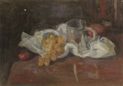 GEORGE WEISSBORT (1928 - 2013). Still Life. A silver mug, grapes and tomatoes. Unframed, board.