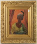 19TH CENTURY. A portrait of an Eastern young lady, half length, holding a bowl, oil on board. 15.