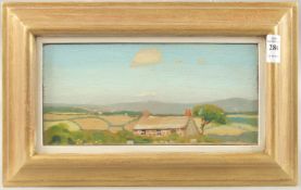 ENGLISH SCHOOL. Landscape with a house, trees and hills. Oil on board. 4.5